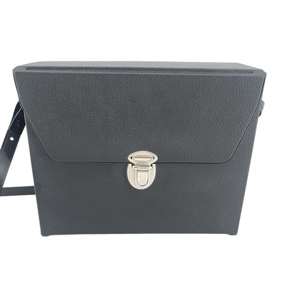 Vintage Black Faux Leather Structured Push Lock Binoculars Crossbody Case Bag - Picture 11 of 11